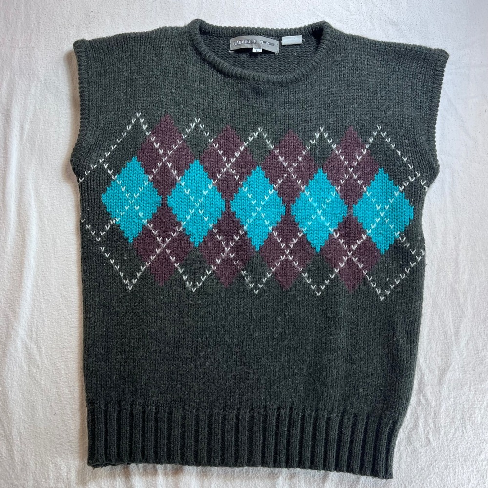 Vintage Gabrielle New York Argyle Sweater Vest Gray Turquoise Purple Wool L